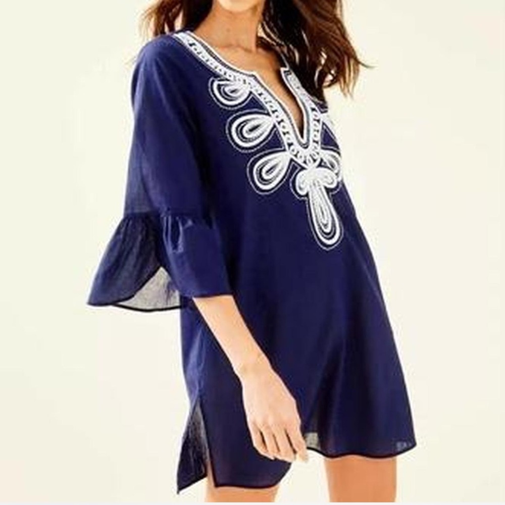 Lilly Pulitzer Navy Blue Tunic Coverup with White Embroidery